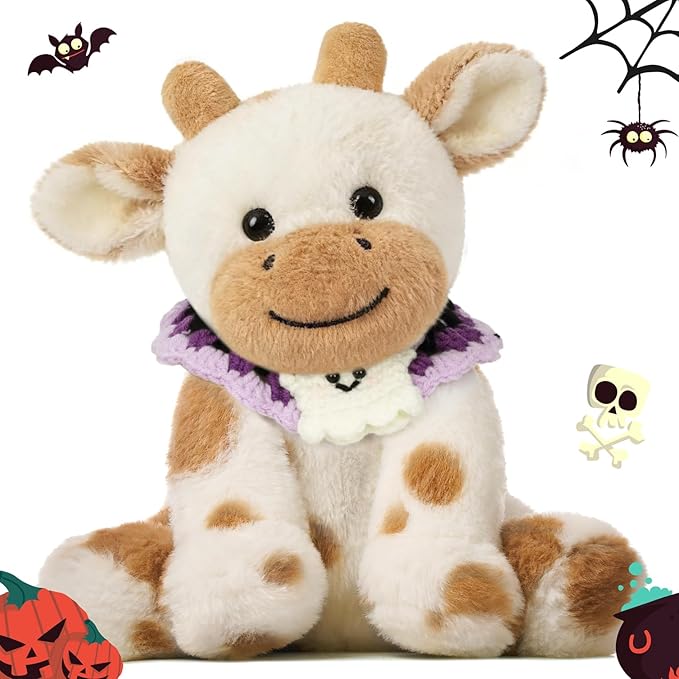 Hopearl Adorable Halloween Plush Cow Toy with Knitted Cute Ghost Bib Floppy Dairy Cattle Soft Stuffed Animal Gifts for Boys Girls Kids Toddlers, Light Brown, 9''