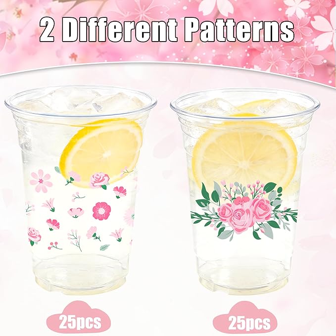 50 Pieces Floral Plastic Cups, 16 Oz Floral Clear Disposable Cups Bulk Flower Plastic Drinking Cup for Spring Summer Party Favor Flower Birthday Wedding Party Supplies