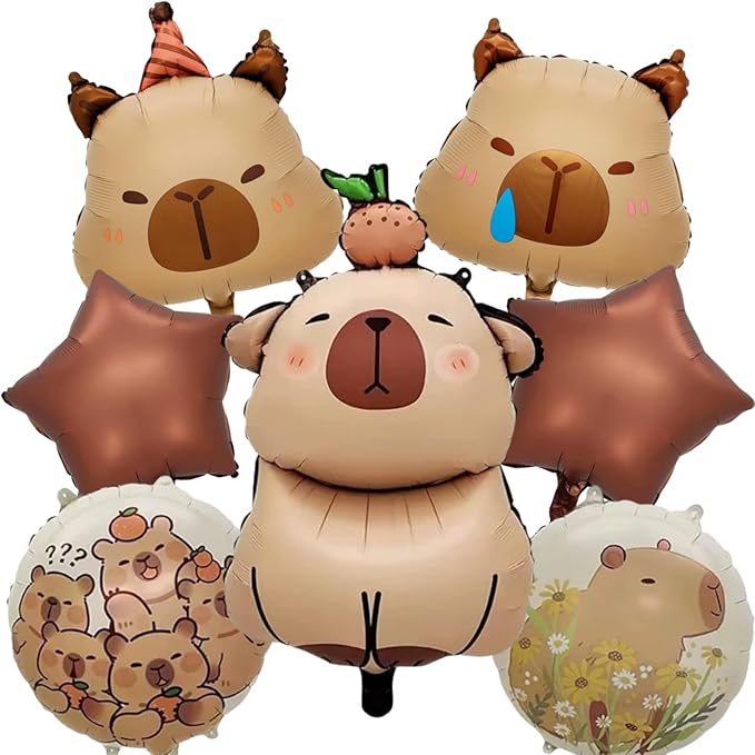 7 PCS 24" Capybara Foil Balloons - Animal Theme Birthday Decorations for Baby Shower, Gender Reveal Party Supplies, Durable Aluminum Mylar Balloons with Hanging Strings & Star Accents