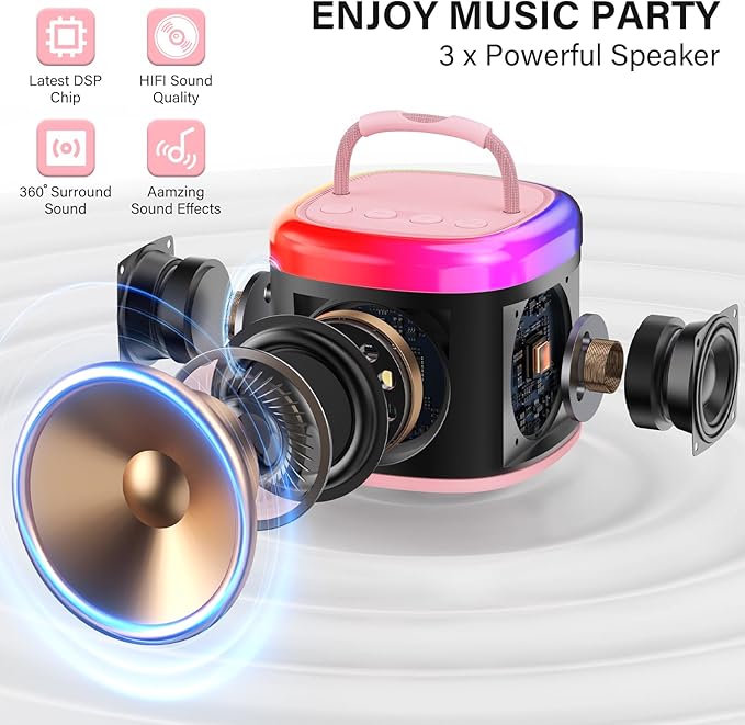 Karaoke Machine for Adults Kids, Mini Karaoke Machine with 2 Wireless Microphones, Portable Singing Speaker for Home Party, Kids Holiday Birthday Gifts, Music for Girls Boys All Age 3-12+