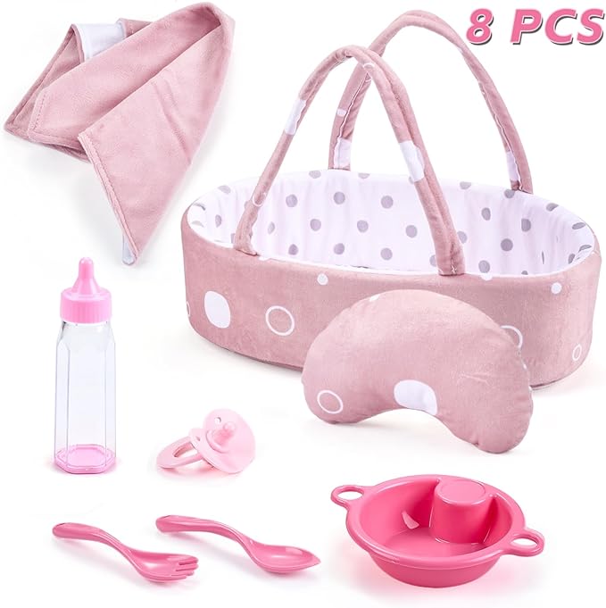 Enjoyin 8 Pcs Baby Doll Accessories Set Includes Feeding Bottle, Pacifier, Blanket, Pillow, Tablewares and Bassinet Carrier for 9'' to 12'' Dolls