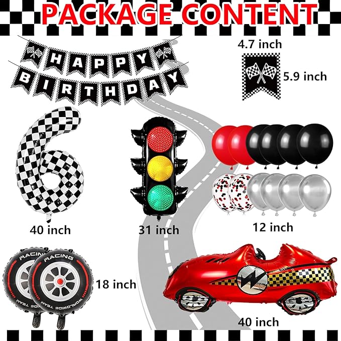 Race Car Birthday Party Decorations, with 40 Inch Number 6 Balloon, Happy Birthday Banner, Traffic Light and Foil Tire Balloon for 6th Car Themed Birthday Party Supplies