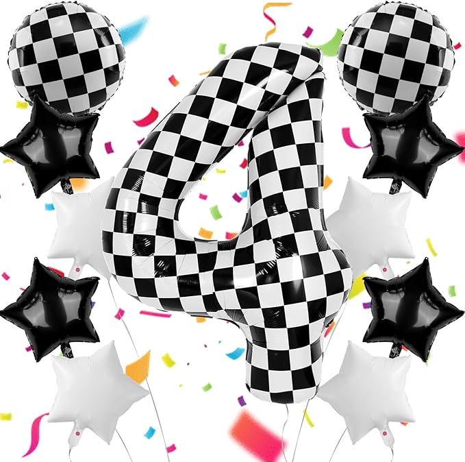 40 Inch Checkered Number Balloons 4 Black and White Foil Balloon for Girls & Boys Racing Car Theme Birthday Party Decorations, Party Supplies & Favors(Number 4)
