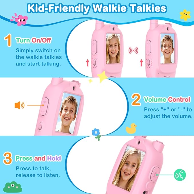 Video Walkie Talkies for Kids, 2 Pack Rechargeable Real-Time Video Chat & Voice Changer Walkies Talkies with Watch Straps, Long Range Family Games, Outside, Gifts for Boys Girls Ages 3-12 Pink