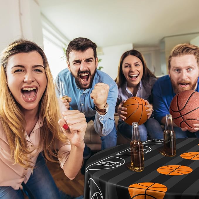 1 Pack Round Basketball Tablecloth 84 Inch Plastic Basketball Party Decorations Disposable Table Cloth Washable Disposable Circle Table Cover for Birthday Party Supplies Decoration