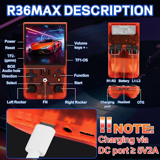 R36MAX Handheld Game Console - 4.0-Inch Screen, Support 22000+Classic Games,128G TF Card,Portable Console with Open Source System,4000mAh Battery,Birthday Gift for Adult or Partner - Red