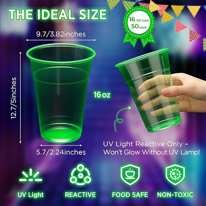 LemonRoad 50 Pack Blacklight Party Glow Cups 16 oz Plastic Neon Cups Disposable Glow in the Dark for Parties Birthdays 80s Themed Events (Green)