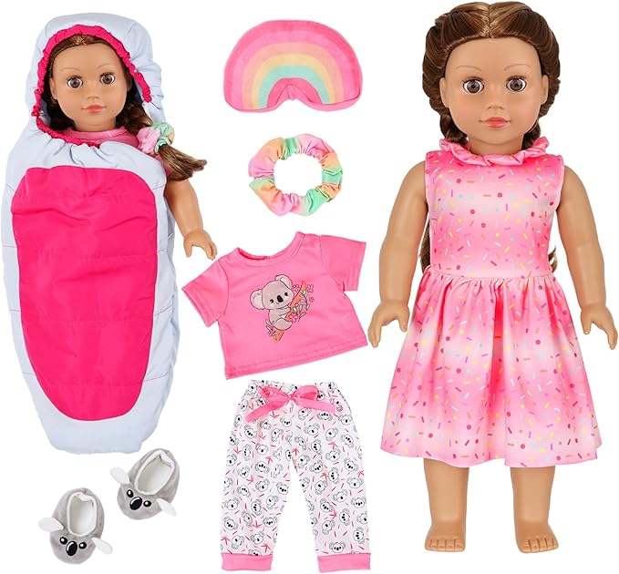 K.T. Fancy American Girl Doll Clothes for 18 Inch Dolls Accessories - Pink Outdoor Dress, Top, Pants, Shoes, Hairband, Rainbow Pillow, Outdoor Space Sleeping Bag (No Doll)