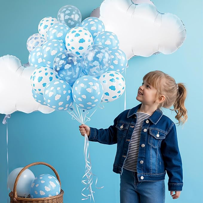 Cloud Balloons, 12 Inch White Blue Transparent Clouds Printed Latex Balloons with Cloud Foil Balloons for Sky Theme Birthday Party Baby Shower Wedding Decorations