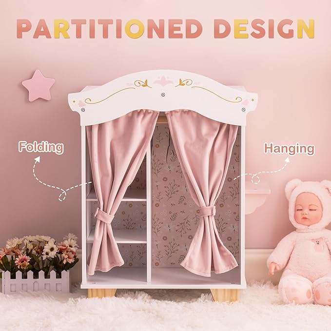 ROBOTIME 18in Doll Closet, Wooden Doll Closet Wardrobe, Pink Doll Wardrobe Closet Fits 16-18in Dolls, Gift for Boys & Girls