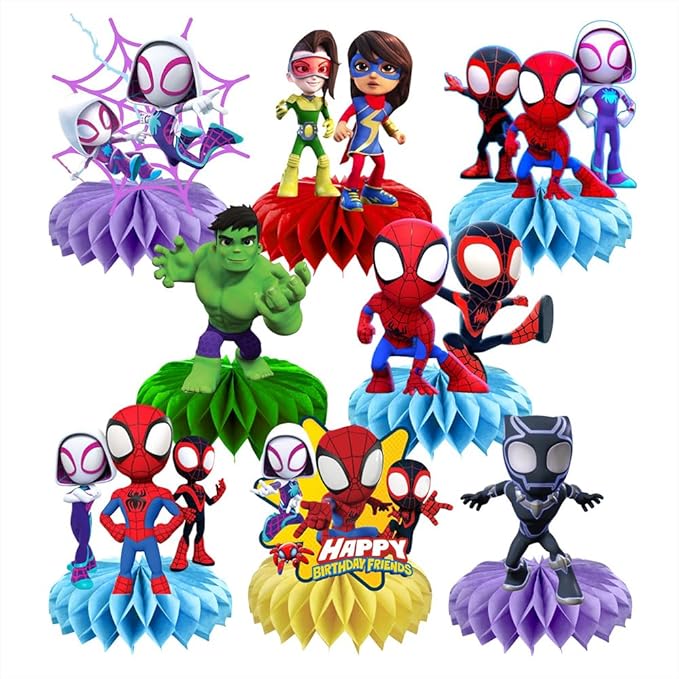 8Pcs Spider and His Friends Honeycomb Table Centerpiece, Cartoon Birthday Party Supplies Table Decorations for Kids Party Decorations
