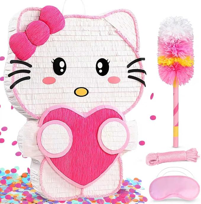 21" Pinata for Birthday Party - 3D Pink Large Pinata, 24" Bat Stick, Eye Mask, Rope - Cute Love Heart Design, Large Party Decoration & Candy Holder for Girls Kids Theme Party, Room Decor & Centerpiece