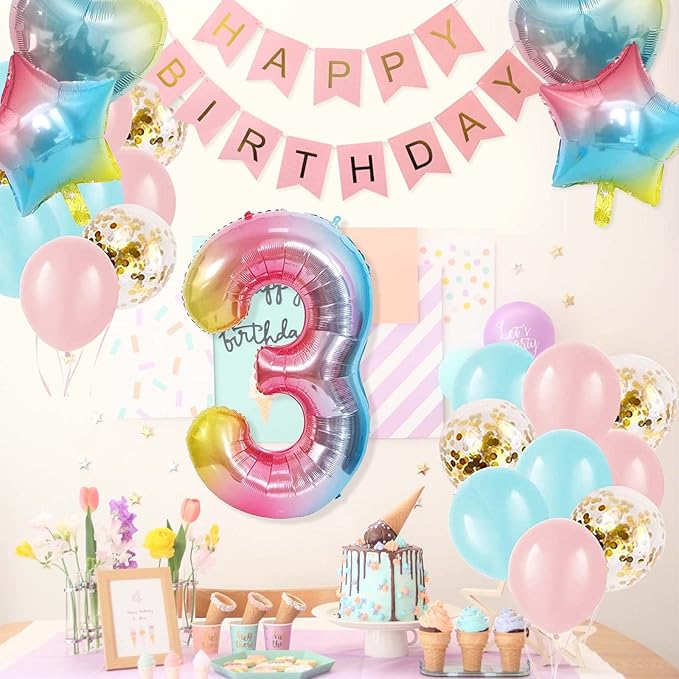 3rd Birthday Decorations for Girls Gradient color Age 3 Birthday Balloons with Happy Birthday Banner for Baby showers Third Birthday Party Supplies for Girls Boys (3rd-Birthday)