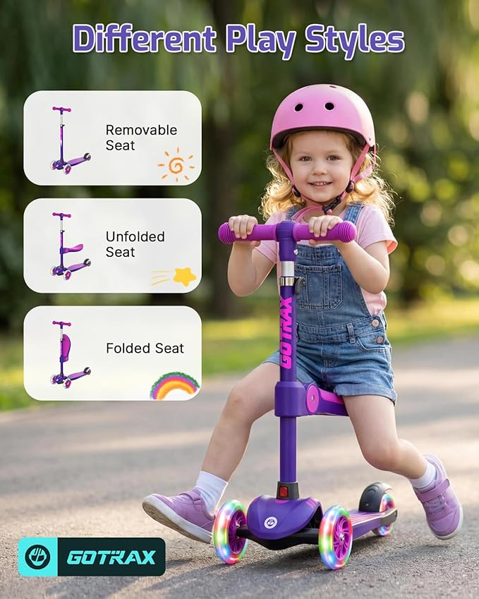 Gotrax KS3 Kids Kick Scooter, LED Lighted Wheels, Adjustable Height Handlebars and Removable Seat, Lean-to-Steer & Widen Anti-Slip Deck, 3 Wheel Scooter for Kids Ages 2-8 and up to 110 Lbs