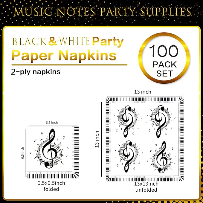 100Pcs Music Note Napkins Notes Party Supplies Disposable Musical Cocktail Luncheon Dinner Napkin for Themed Karaoke Birthday Decorations, Black & White