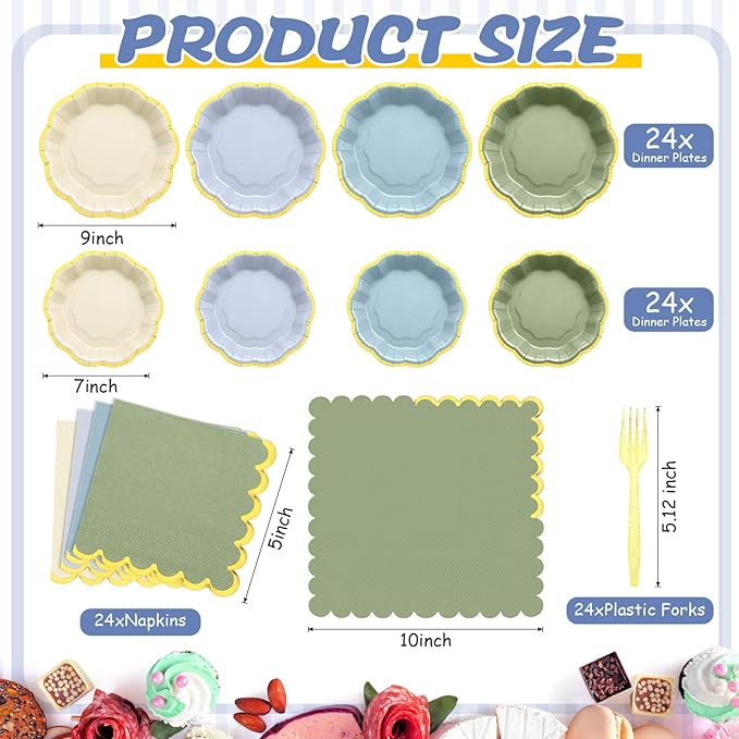 96 Pcs Dusty Blue Sage Green Gold Plates Party Supplies Severs, Guests Disposable Party Decorations, 7'' and 9'' Scalloped Paper Plates, Cocktail Napkins Plastic Forks for Birthday Wedding