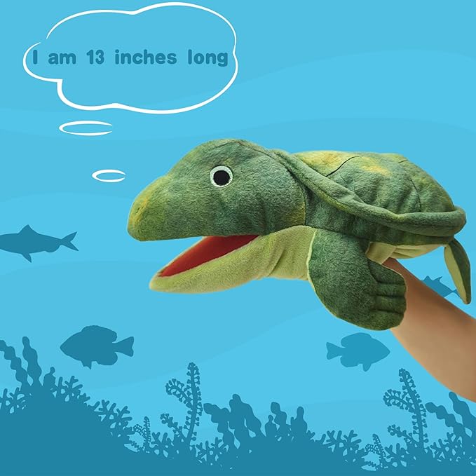 Hand Puppet Turtle Puppet,13" Sea Turtle Animal Puppets for Kids Realistic Plush Puppet Stuffed Turtl e Toys, Hand Puppet with Moveable Mouth Puppet Role Play Teaching