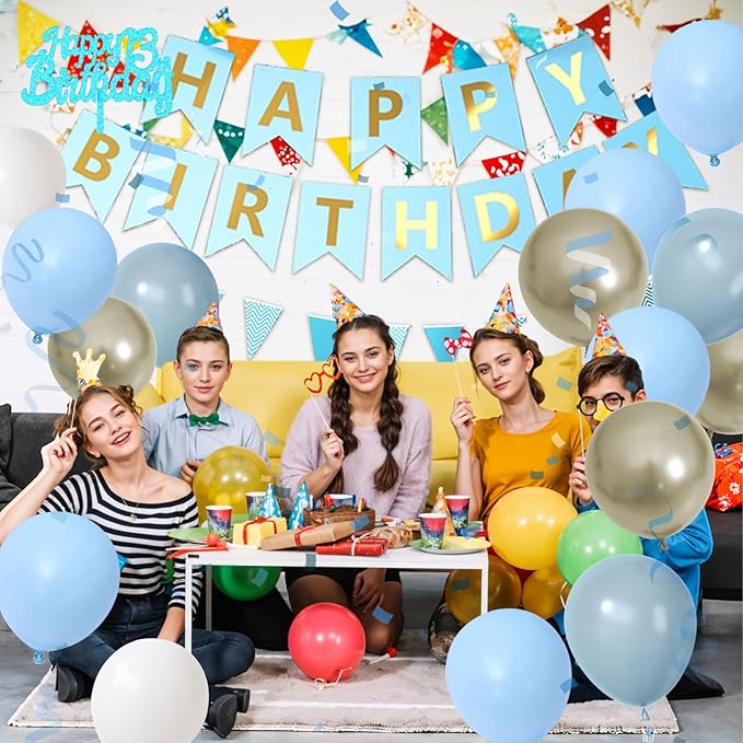 13th Birthday Decorations, Blue Happy Birthday Party Decorations With Teal Blue Number 13 Balloons Dusty Macaron Blue White Balloons Fringe Curtain Banner Cake Topper For Boy Girl Party Supplies