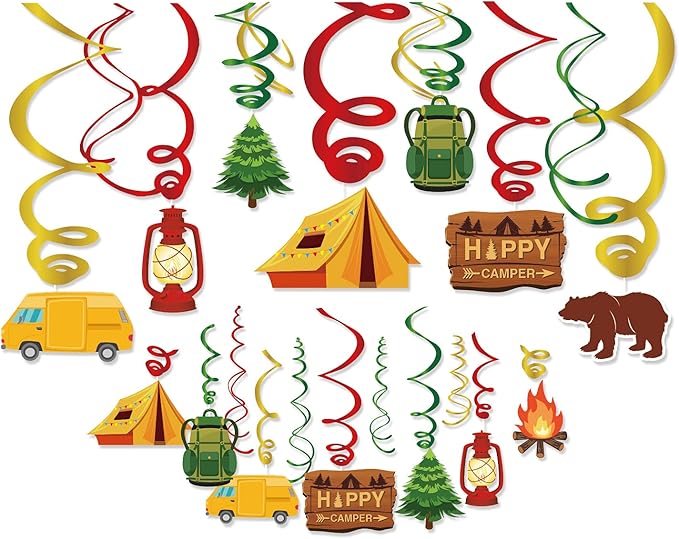 30 Pieces Camping Birthday Party Hanging Decorations, Happer Camper Hanging Swirls Decorations Foil Ceiling Streams Camping Theme Adventure Woodland Wile One Baby Shower Retirement Party Supplies