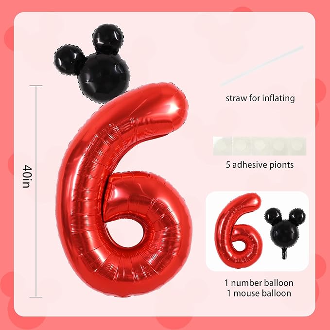 Vuzvuv 40 Inch Mouse Number Balloon No.6, Black Mouse Head Balloon and Red Giant Giant Number Six Balloon for Birthday, Mouse Theme Party Supplies, Baby Shower,Anniversary Decoration