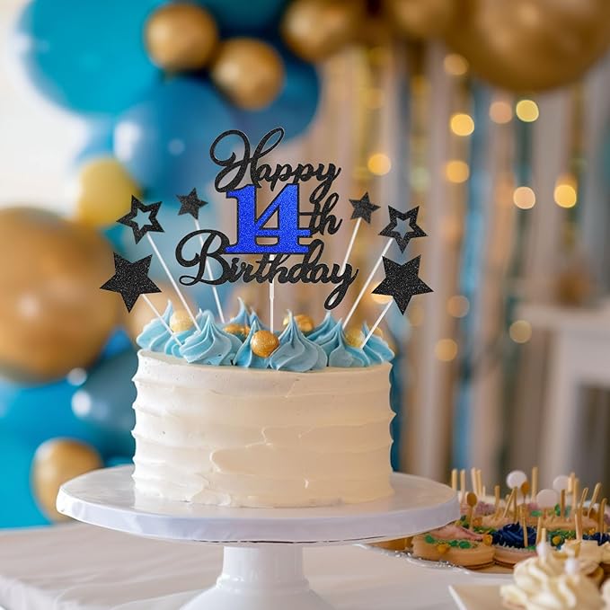 14th Birthday Cake Topper, Black Blue Happy 14th Birthday Cake Toppers for Boy Girl, 14 Years Old Birthday Party Supplies, Glitter Cake Decor, 14th Birthday Cake Decorations