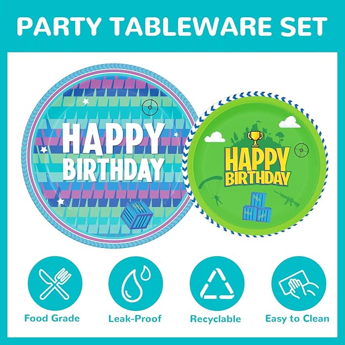 170pcs Video Game Party Supplies for Boys 1st 2nd Kids Video Games First Birthday Party Decorations Including Paper Plates Napkins Paper Cups Tablecloth Balloons Banners For 24 Guests