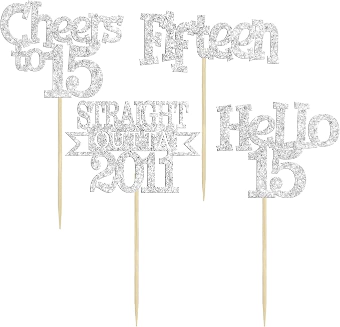 Ephlyn 24Pcs 15th Birthday Cupcake Toppers Glitter Straight Outta 2011 Cupcake Picks Hello 15 Cheers to 15 Years Cake Decorations for 15th Birthday Anniversary Party Decorations Supplies Silver