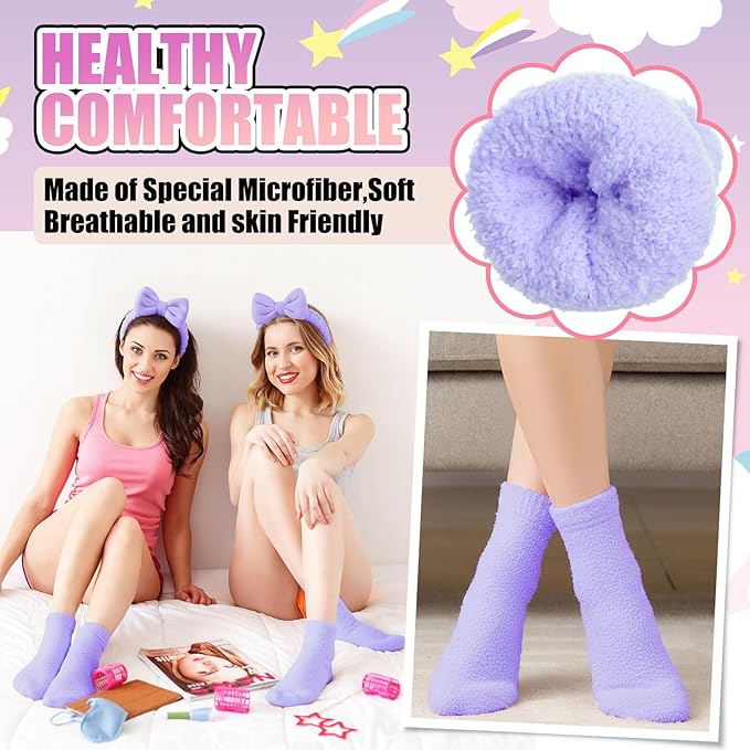 48 Pcs Spa Sleepover Party Supplies 12 Bow Headband 12 Plush Sleep Eye Mask Covers 12 Pair Fuzzy Sock 12 Gift Bags for Sleeping Sleepover Slumber Baby Shower Wedding Party Gift(Purple)