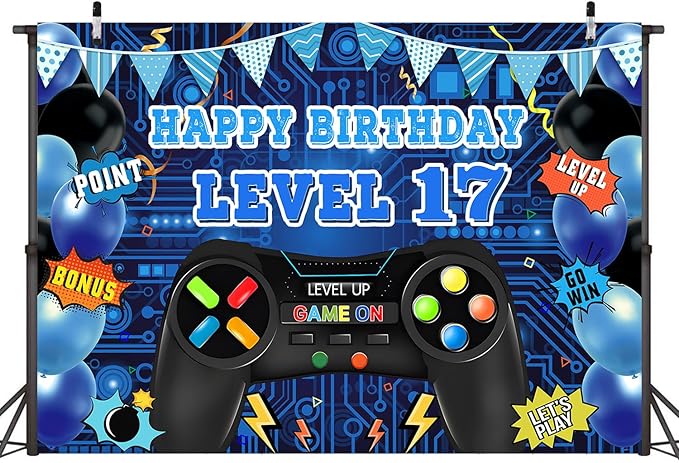 Game Theme Level 17 Birthday Backdrop Video Game Happy 17th Birthday Party Decorations Level Up Theme Boys Kids Birthday Party Supplies(7×5FT)