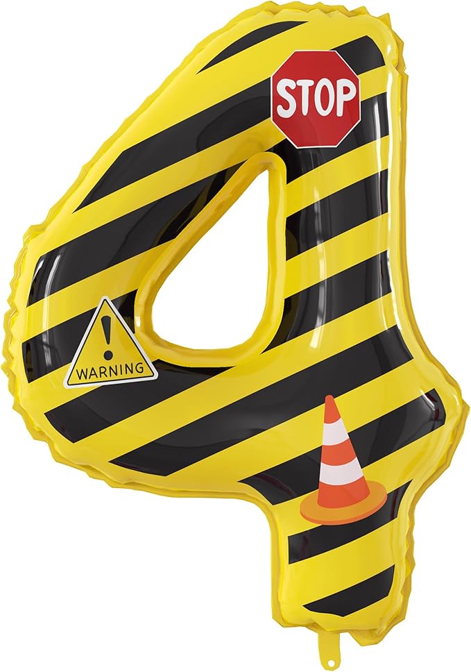 40 Inch Giant Construction Theme Number Balloons - Large Number 4 Balloons Yellow and Black Striped for Kids' Construction Birthday Anniversary Party Decorations Supplies Number 2-4 Balloon