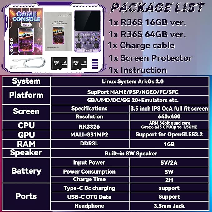 R36S Handheld Game Console, Preloaded with 15000+ Games (Purple)