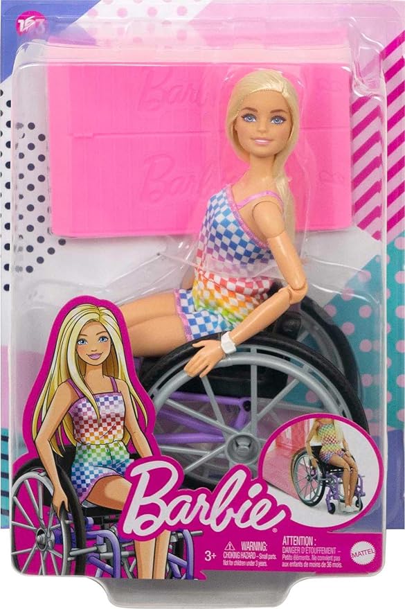 Barbie Doll with Wheelchair and Ramp, Kids Toys and Gifts, Blonde, Barbie Fashionistas, Rainbow Romper, Clothes and Accessories