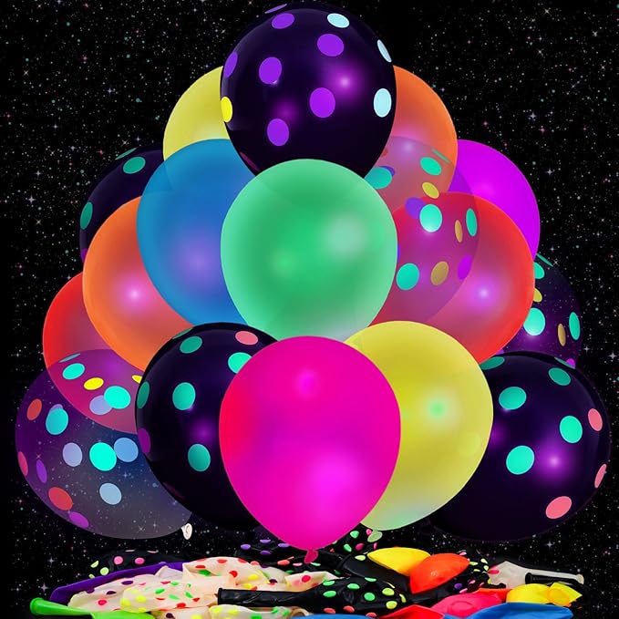 LovesTown 66PCS Glow Party Assortment, UV Neon 12" Fluorescent Latex Decorations with Dots for Birthday, Wedding & Party Supplies