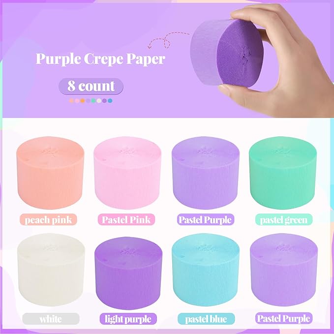 Streamers Party Decorations, 8 Rolls Crepe Paper with Purple, Blue, Mint and White Party Streamers for Mermaid Birthday, Winter Party Decorations, Baby Bride Shower,Wedding