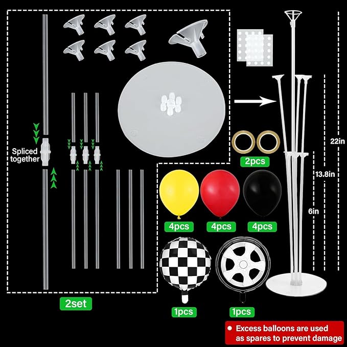 Race Car Party Balloons Stand Kit 2 Sets With 2 Checkered Foil Balloon Racing car Party Balloon Red Black Yellow Race Car Birthday Party Decor Set For Boys Let's go Racing New Year Party Decorations