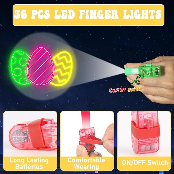 36Pcs Easter LED Finger Lights Bunny Egg Party Favors Glow in the Dark Light Up Finger Lights Themed Toys Bulk for Birthday Party Goodie Bag Stuffer Birthday Gifts Classroom Prize