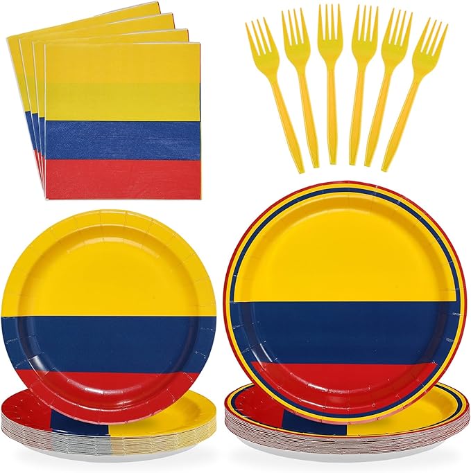 96 Pcs Colombia Flag Party Supplies Disposable Colombian Flag Paper Plates and Napkins Colombian National Tableware Set for National Country Decoration Patriotic Festival Party Supplies, Serves 24