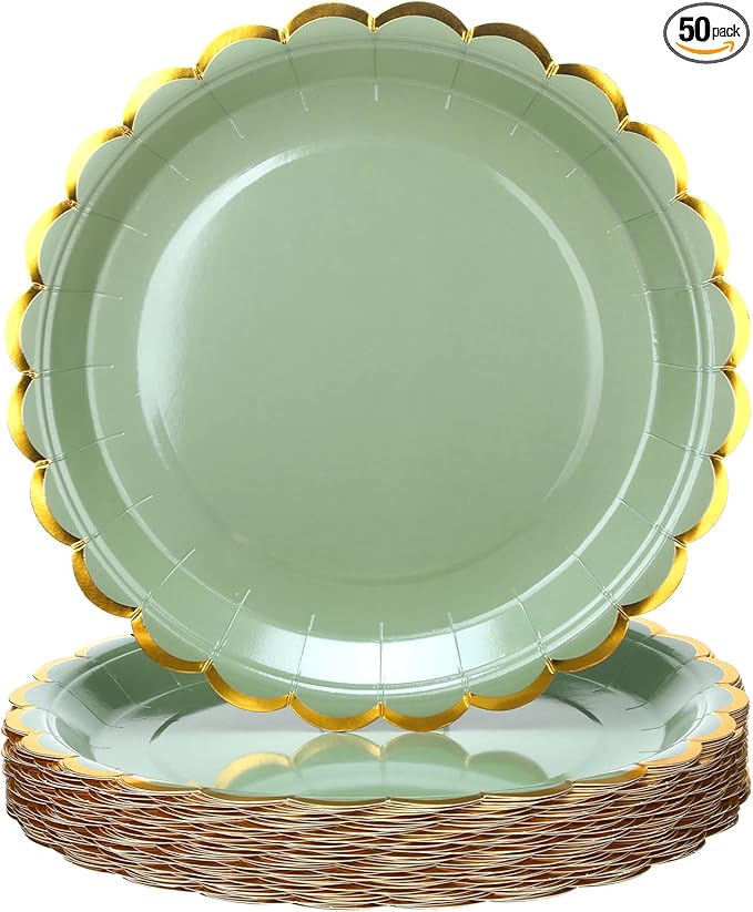 Maxcheck 50 Pcs Sage Green Scalloped Paper Plates with Gold Foil 9 Inches Disposable Party Plates Decorative for Cake Dessert Birthday Baby Shower Wedding Party Supplies
