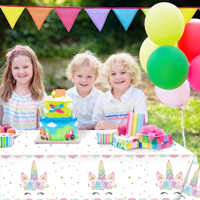 3PCS Unicorns Tablecloths for Birthday Decoration, Plastic Disposable Rectangle Table Covers for Kids Girls Baby Shower Party Supplies, 54" x 108"
