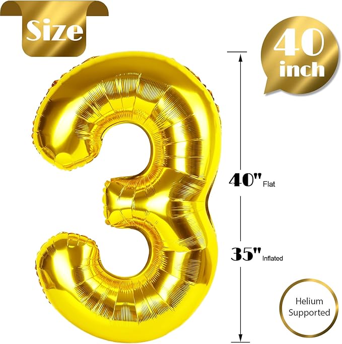Gold Number 3 Balloon 40 Inch, 3rd Birthday Celebration Supplies for Girls Boys Women Men, 3 Balloon for Girls Boys Theme Party