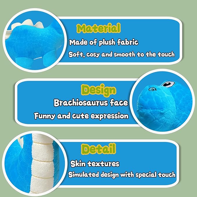 12'' Blue Brachiosaurus Plush Toys for Kids and Babies, Cute Dinosaur Stuffed Animals for Boys and Girls, Kawaii Dinosaur Plushies, Stuffed Animal Plush Toys for Dino Themed Party Decorations