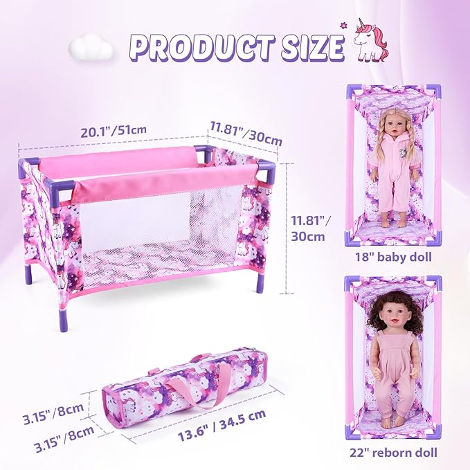 BABESIDE Baby Doll Crib Set for 18 Inch Dolls, Foldable Baby Doll Bed Playpen Toy Crib with Storage Bag for Reborn Baby Doll Accessories, Purple Babydoll Crib