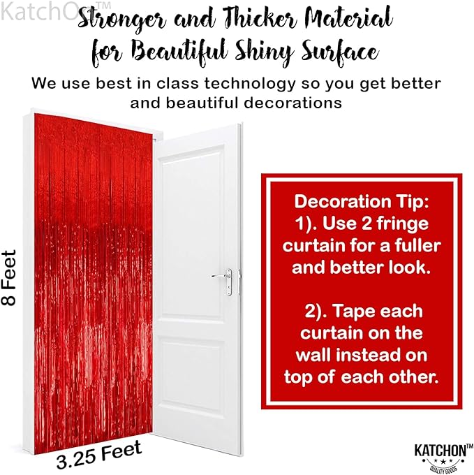 KatchOn, XtraLarge Red Streamers Backdrop - 3.2x8 Feet, Pack of 2 | Red Fringe Backdrop for Valentines Day Decorations | Foil Fringe for Birthday, Carnival, Casino Theme Party Decoration