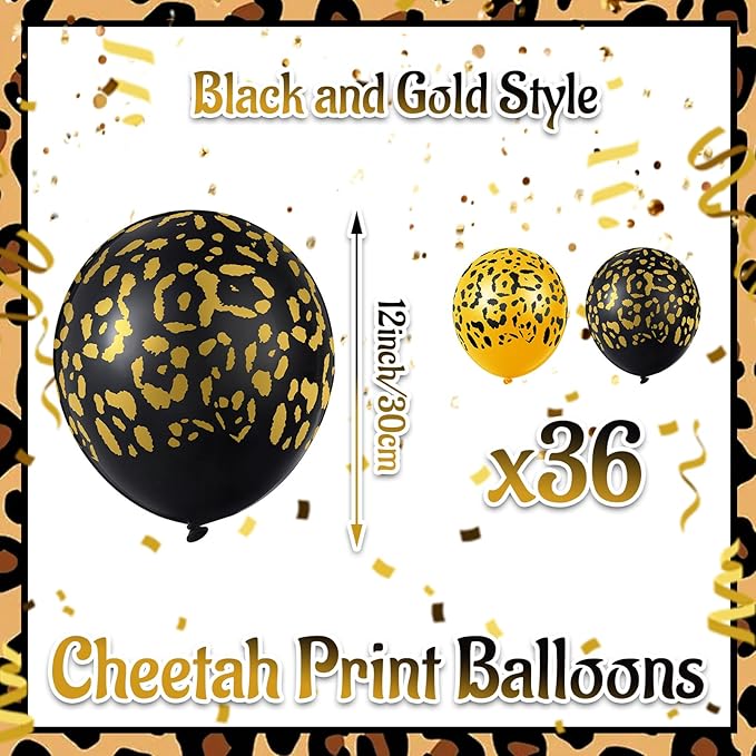 Gejoy 36 Pcs Cheetah Balloons Leopard Print Balloons 12 Inch Spots Latex Leopard Jungle Animal Decorations for Cheetah Zoo Theme Birthday Party Supplies (Gold,Black)