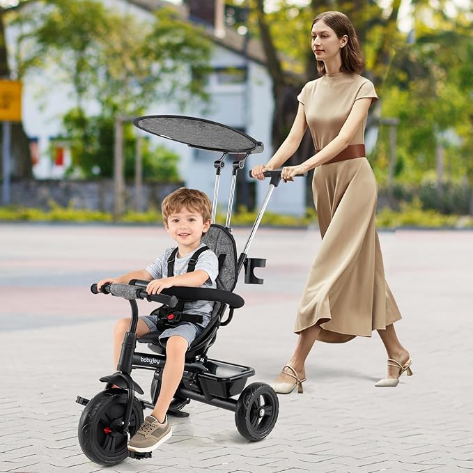 BABY JOY Toddler Tricycle, 7 in 1 Push Trike w/Adjustable Canopy, Parent Push Handle, Seat & Footrests, 5-Point Safety Harness and All-Terrain EVA Wheels, Kids Stroller Bike for 9-60 Months (Gray)