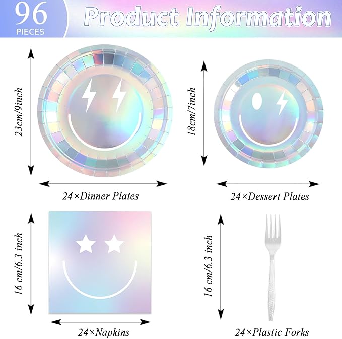 96Pcs Iridescent Party Supplies Smile Face Paper Plates Napkins Holographic Foil Laser Party Tableware Set Holographic Dinnerware for Birthday Baby Shower Decoration Serve 24