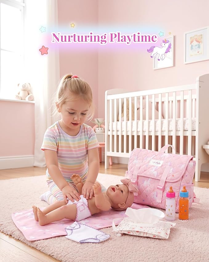BABESIDE 13PCS Baby Doll Accessories, Baby Doll Diaper Bag with Magic Bottles, Changing Mat,Diapers & Carrier, Pretend Play Doll Care Set for 12-15 Inches Dolls Kids Gift, Pink
