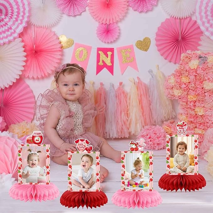 Cherry Birthday Decorations, Cherry Sweet One Party Decorations Honeycomb Centerpiece for Table, Cherries Photo Table Centerpiece for Fruit Girl Birthday Party Decor Supplies