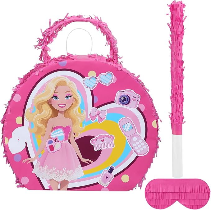 Soulchen Birthday Party Piñata Decorations Includes Eye Mask Stick Blindfold Confetti Birthday Party Camping Theme Favor Supplies(Pink Bag Piñata)