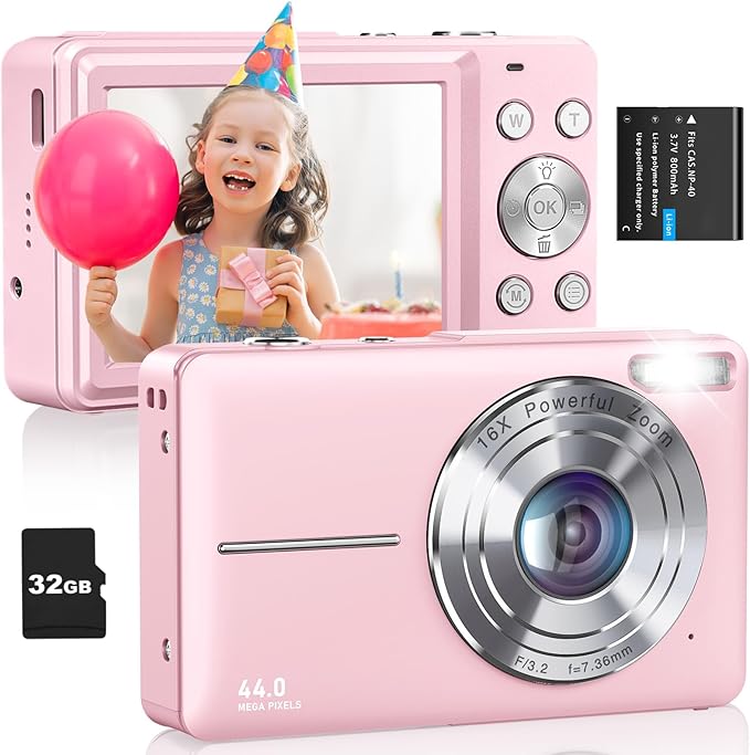 Camkory Digital Camera, FHD 1080P Camera, Compact Point and Shoot Digital Camera with 32GB Card, 16X Zoom Anti Shake Small Digital Camera for Kids Girls Boys Students, Pink
